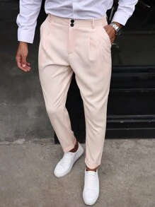 Manfinity Mode Pantalon habillé décontracté avec poche avant unie à boutons pour hommes - Beige - Voir 3