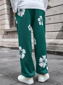 Manfinity VCAY Men's Floral Print Elastic Waist Loose Straight Leg Track Pants, Casual And Fashionable Graphic Jogging Pants Casual Urban Sweatpants, For Husband, Boyfriend Gifts - Dark Green - View 2