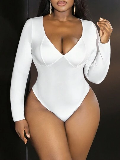 Slaydiva 2pcs Plus Size Casual Fitted Long Sleeve High Waist Bodysuit For Autumn And Winter