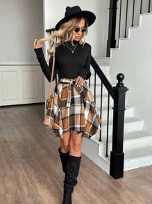 SHEIN LUNE Women Casual Colorblock Plaid Patchwork Long Sleeve Mini Dress, Basic Autumn/Winter Outfit - Multicolor - View 4