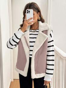SHEIN Frenchy Chaleco con forro térmico de solapa holgado y casual con cremallera para mujer, abrigos largos de mujer de otoño e invierno para la temporada de otoño