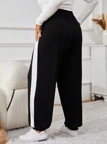 SHEIN VCAY 大码纯色拼接高腰简约休闲运动裤，日常穿着 - 黑色 - 查看 2