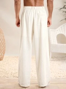 SHEIN X ELOISA & ORSON Manfinity VCAY Conjunto de playa para hombre, pantalones casuales anchos y holgados de lino blanco, transpirables y ligeros para verano