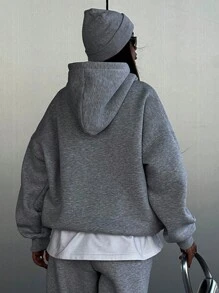 INAWLY 大码休闲纯色连帽衫和运动裤两件套，秋冬 - 淺灰色 - 查看 2