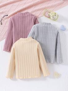 SHEIN 3 Piece Girls Thermal Inner Wear, Soft Rib-Knit Long Sleeve Tops In Light Purple, Apricot, And Gray - Multicolor - View 2