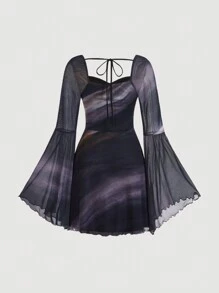 SHEIN MOD Knitted Mesh Printed Flare Long Sleeve Bodycon Mini Dress For Women - Black - View 2