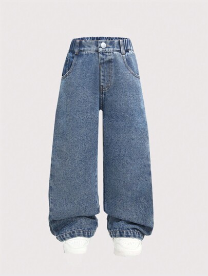 Young Boys Casual Loose Straight Stretch Waist Wide Leg Jeans, School, Campus, College Chic Outfits For Autumn/Winter