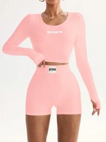 SHEIN Sport Studio 2pcs/Set Printed Top And Sweatpants With Shake Head Car Patch Logo, Sports Suit Gym Set