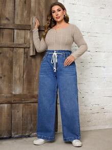 SHEIN LUNE Plus Size Tie Front Pocket Simple Design Casual Jeans