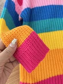 SHEIN LMoss Kids LMoss Baby Girl Colorful Stripe Long Sleeve Sweater Dress, For Autumn & Winter