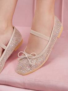 CUCCOO DOLLMOD Rhinestoned Net Mesh Mary Jane Flats For Women, Almond-Colored, Fashionable And Sweet For School/Students Spring Shoes Spring Break Easter