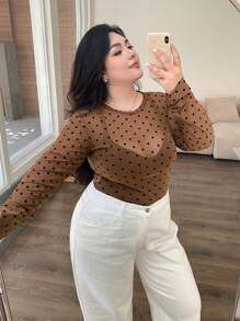 Dazy Plus 圆领圆点修身半透明女式衬衫 - 咖啡棕 - 查看 4