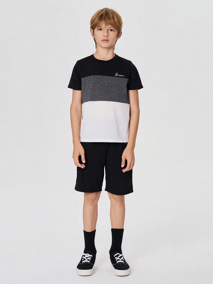 SHEIN Leap Crew Boys Letter Graphic Colourblock Tee and Track Shorts Set - Dark Grey - View 1