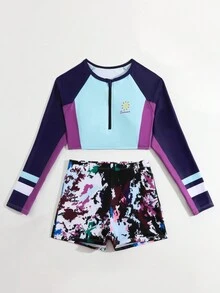 女童夏季度假海滩撞色长袖比基尼套装 - 彩色 - 查看 3