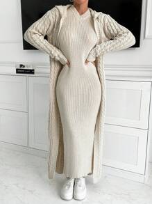 Maxi Hoodie Cardigan And Dress Knit Set - Apricot - View 3