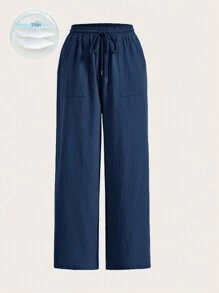 SHEIN EZwear Pantalones anchos con cintura con cordón - Azul Marino - Ver 4
