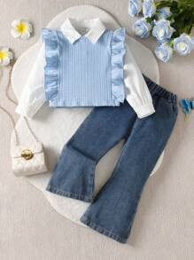 SHEIN Genkimix Kids 三件套少女套装：优雅休闲荷叶边背心和长袖衬衫上衣搭配喇叭牛仔裤，适合春秋季穿着，新品上市