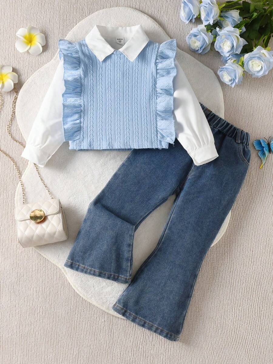 SHEIN Genkimix Kids 三件套少女套装：优雅休闲荷叶边背心和长袖衬衫上衣搭配喇叭牛仔裤，适合春秋季穿着，新品上市