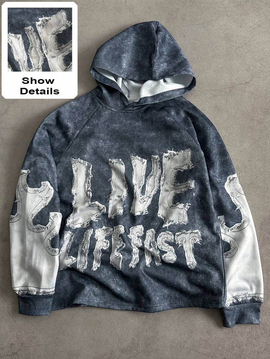 Manfinity Roghcode Men's Fashion Tie-Dye Letter Print Hoodie, Autumn Graphic Long Sleeve Hoodie, For Friends, Husband, Boyfriend Gifts - Grey - View 1