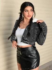 SHEIN EZwear 女士纯色蓬松领子拼布拉链圣诞节女士感恩节女士休闲长袖牛仔夹克 - 黑色 - 查看 4