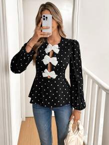 SHEIN Frenchy Women's Bow Decor Simple Long Sleeve Polka Dot Shirt, Casual Everyday Wear,Women Costumes,Women's Casual Long Sleeve With Front Bow,Women Costumes,Fall,Commute,Minimalist,Office,Old Money