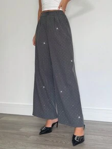 SHEIN Essnce 秋冬女士灰色水钻派对长裤，闪亮水钻套装，阔腿裤，垂坠长裤，休闲正装，节日装，高腰女裤，适合日常通勤 - 灰色 - 查看 5