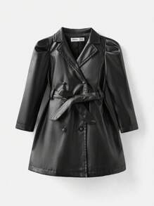 Maija Kids Maija Kids 年轻女孩紧身休闲翻领 PU 皮革腰带连衣裙 - 黑色 - 查看 1