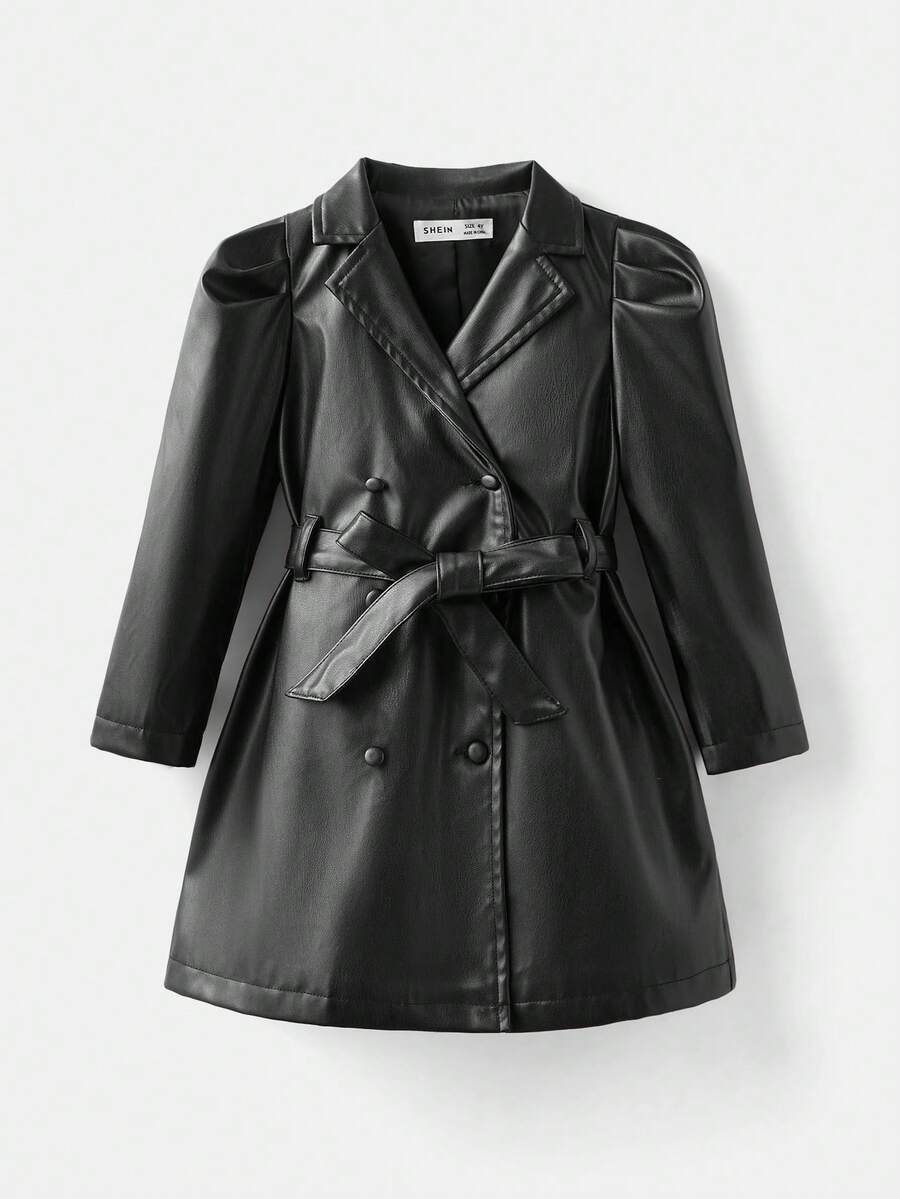 Maija Kids Maija Kids 年轻女孩紧身休闲翻领 PU 皮革腰带连衣裙 - 黑色 - 查看 1