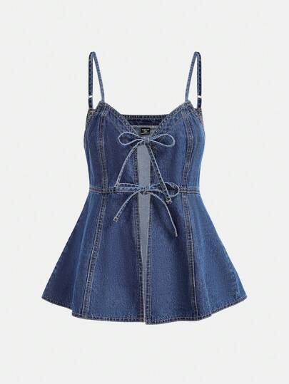 SHEIN Top de tirantes de mezclilla azul con nudo y lazo para adolescentes