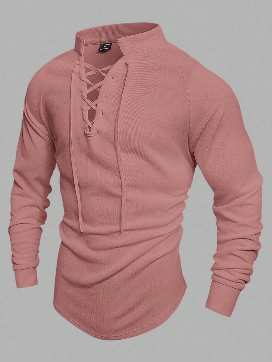 Manfinity VCAY Camiseta de punto casual de manga larga con cuello de corbata de unicolor para hombres, otoño, verano, otoño, vacaciones, regalos del Día del Padre, fútbol - Rosa vieja - Ver 1