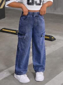 Tween Girl Fashion All-Match Loose Fit Wide Leg Washed Denim Cargo Jeans, Casual And Versatile To Wear Everyday