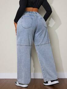 SHEIN Essnce Plus Size Solid Color Loose Pocket Casual Versatile Jeans - Blue - View 2