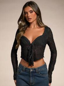 SHEIN BAE 女士灰绿色纯色约会之夜/单身派对/鸡尾酒会/返校季/音乐会服装/狂欢派对服装/时尚高街郊游/性感蕾丝荷叶边前细肩带不对称下摆女式上衣/性感女装/嬉皮士服装/性感女式上衣/长袖蕾丝上衣 - 黑色 - 查看 6