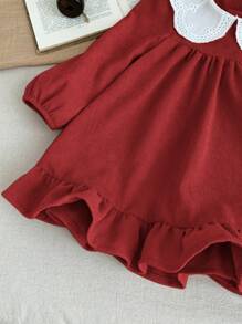 SHEIN LMoss Kids LMoss 女婴灯芯绒拼布彼得潘领长袖连衣裙，秋冬款