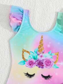 Sparklyn 2pcs Cute Unicorn Cartoon Print Young Girls Swimsuit, Consisting Of Mesh Splicing Ruffle Hem Swimsuit & Tie Dye Ruffle Trim Cover-Up Skirt, Adorable Girls Beach Outfit Summer Holiday - Multicolor - View 3
