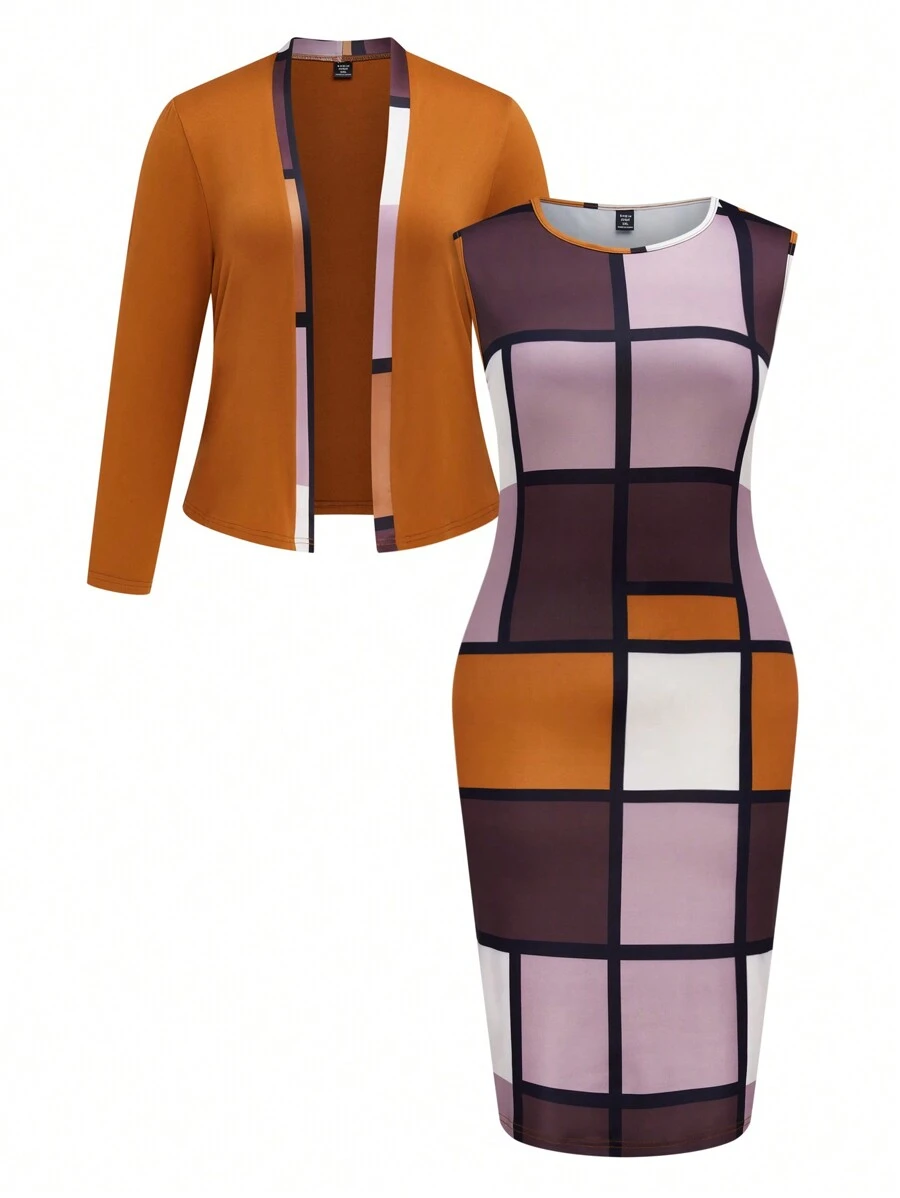 Plus Size Casual Plaid Print Long Sleeve Jacket And Round Neck Sleeveless Dress Set Fall Cloth For Women - Multicolor - View 1