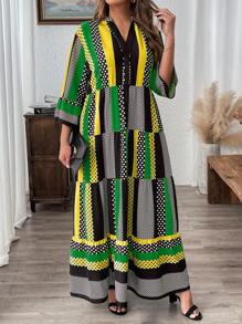 SHEIN LUNE Plus Size Women V-Neck 3/4 Sleeve Dot & Striped Print Casual Long Loose Dress