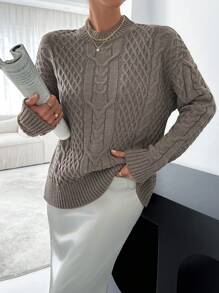 RueChic Women Round Neck Mixed Knit Detailed Sweater - Mocha Brown - View 5