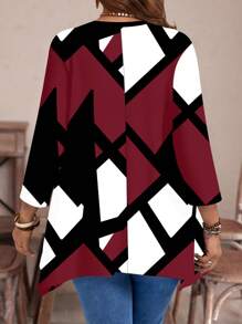 Mellowie Casual Minimalist Asymmetrical Hem Round Neck Geometric Line Pattern Full-Width Print Loose Fit Long Sleeve T-Shirt, Suitable For Autumn & Winter, Plus Size Autumn And Winter