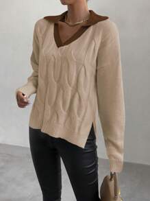 SHEIN Unity Sweater Rajut Wanita Lengan Panjang Kasual Kerah V Warna Kontras, Model Pullover Rajut Musim Gugur/Musim Dingin - MultiWarna - View 5