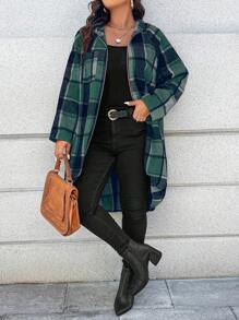 SHEIN LUNE 女式加大码印花不对称剪裁插肩袖前拉链连帽长款格子夹克 - 墨綠色 - 查看 6