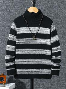 SHEIN Tween Boy' Striped Color Block Turtleneck Casual Knitted Sweater, Fashion New Item For Autumn/Winter