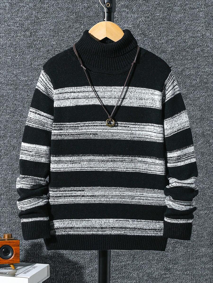 SHEIN Tween Boy' Striped Color Block Turtleneck Casual Knitted Sweater, Fashion New Item For Autumn/Winter