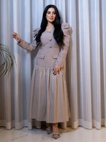 Modelyn 1pc Women's Elegant Contrast Color Block Gigot Sleeve Dress, Autumn Long Evening Dresses