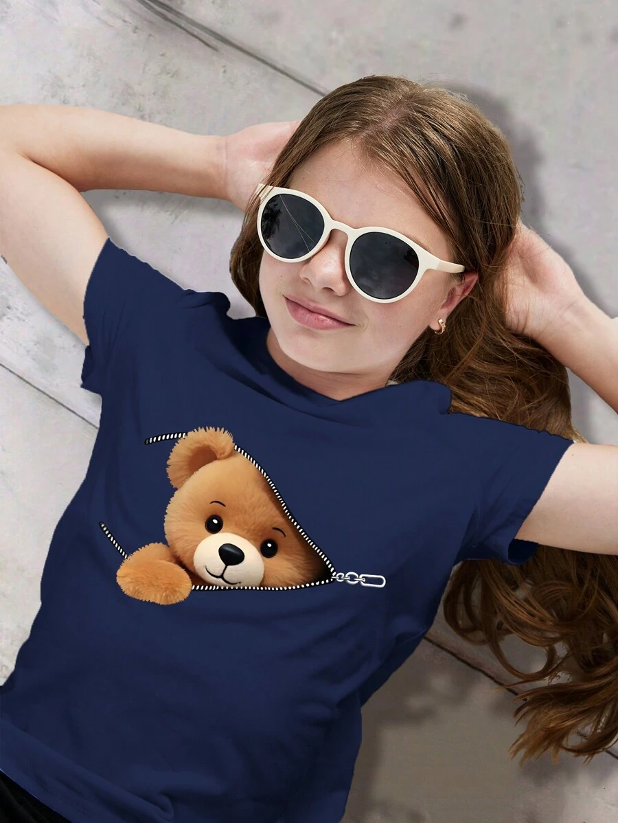 Young Girl Round Neck Short Sleeve Teddy Bear Print Casual T-Shirt
