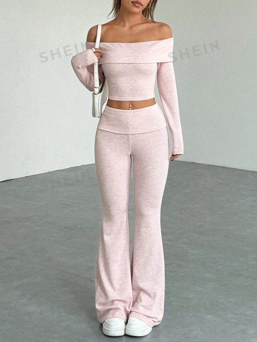 SHEIN EZwear Set casual de 2 piezas con top de manga larga de hombros descubiertos de unicolor y pantalón con cintura elástica para mujer