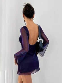SHEIN PETITE 交响乐网布露背长袖迷你女式派对连衣裙 - 紫色 - 查看 6