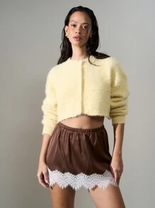 AiiRZ Fuzzy Knit Cropped Cardigan Fluffy Sweater Winter Fall Soft Cozy Warm Long Sleeve Casual Short Crop Top Outerwear - Yellow - View 1