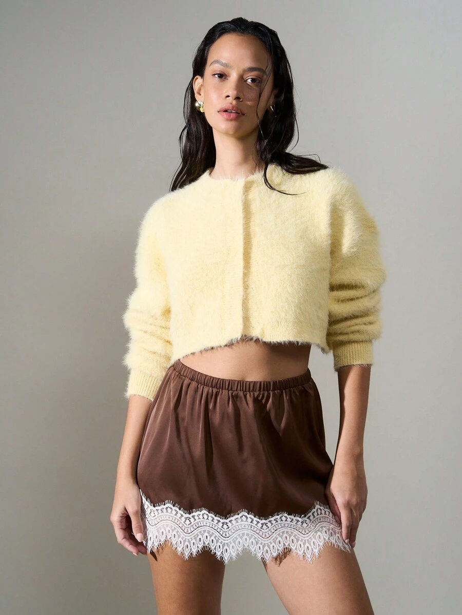 AiiRZ Fuzzy Knit Cropped Cardigan Fluffy Sweater Winter Fall Soft Cozy Warm Long Sleeve Casual Short Crop Top Outerwear - Yellow - View 1