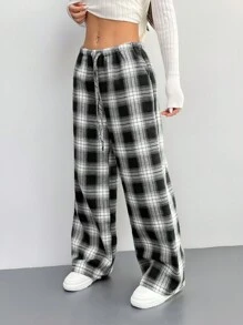 SHEIN PETITE Pantalones de mujer con cintura de cordón y estampado a cuadros - Azul Marino - Ver 9